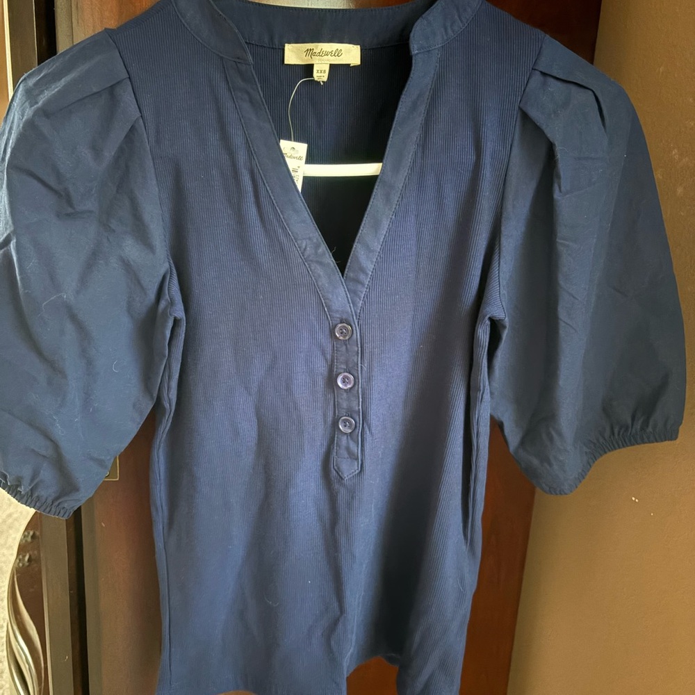Madewell Navy V-Neck Puff Sleeve Henley Top